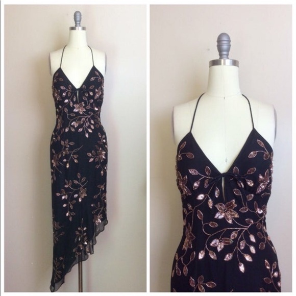 Vintage Dresses & Skirts - Vintage Black Silk Beaded Sequin Party Dress
